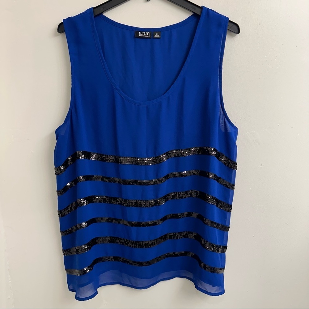 A.N.A. Sleeveless Blue Sequin Striped Women's Tank Top SZ 2X